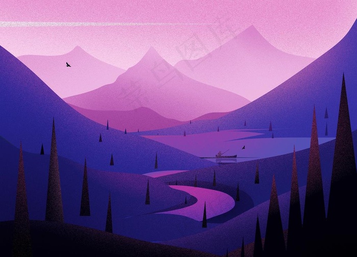 紫色卡通山水背景图片