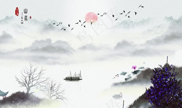 中国风山水水墨画背景墙图片