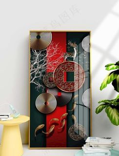 新中式抽象铜钱鹿九鱼装饰画图片