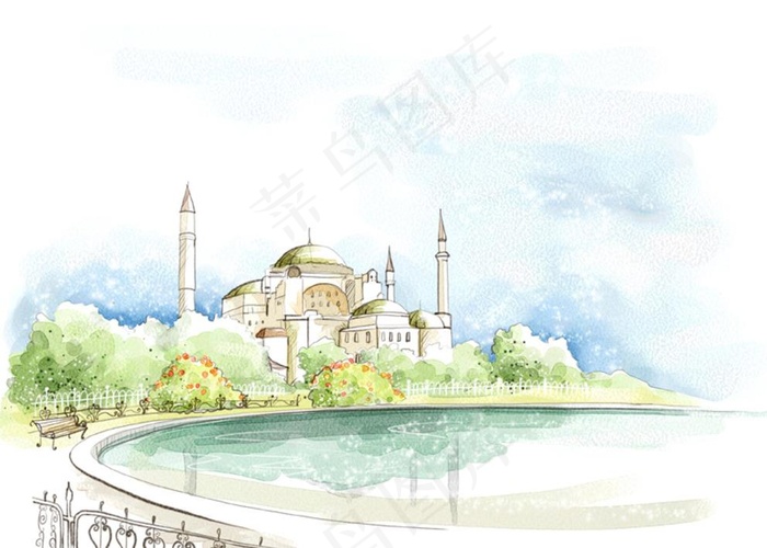 手绘水彩欧式城堡风景插画图片