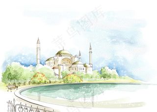 手绘水彩欧式城堡风景插画图片