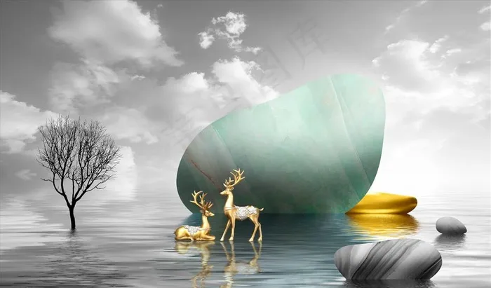 山水画 鹿 背景墙图片(9843X4921(DPI:100))psd模版下载