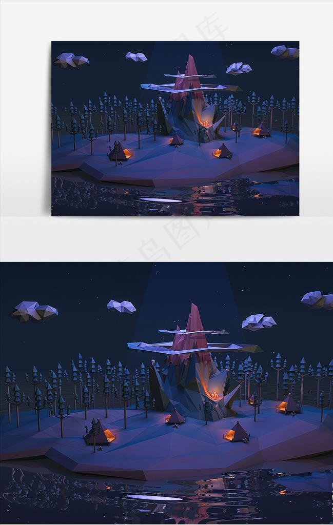 C4D卡通Lowpoly夜晚图片