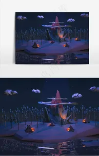 C4D卡通Lowpoly夜晚图片