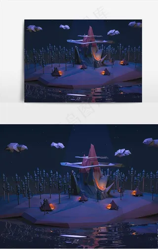 C4D卡通Lowpoly夜晚图片