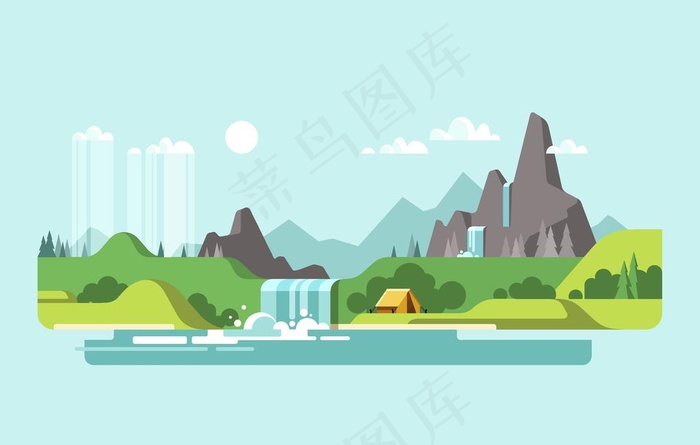 插画 山水插画 公园环境 自然图片ai矢量模版下载