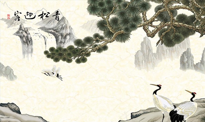 青松迎客 鹤 背景墙图片(9071X5669(DPI:72))psd模版下载
