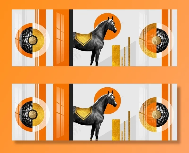 新中式爱马仕橙色黑色骏马装饰画图片(9449X3543(DPI:150))psd模版下载
