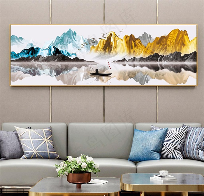 金箔山水客厅装饰画图片(9449X2953(DPI:150))psd模版下载