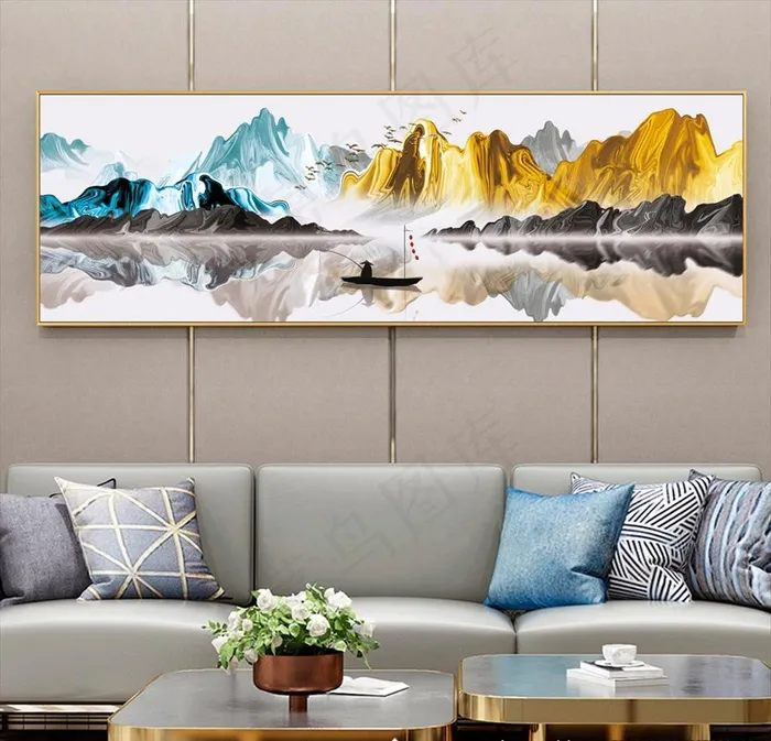 金箔山水客厅装饰画图片(9449X2953(DPI:150))psd模版下载