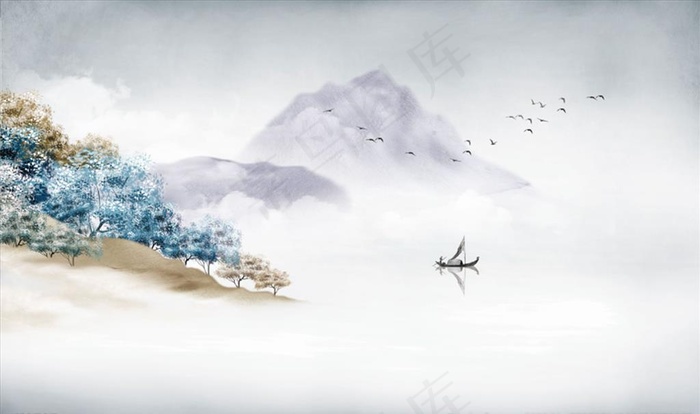 水墨山水 小船 背景墙图片(9071X5669(DPI:72))psd模版下载