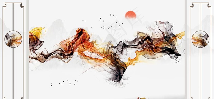 新中式抽象线条山水背景墙图片