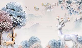 现代简约浮雕发财树麋鹿欧式背景图片