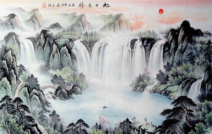 国画山水旭日东升背景墙图片