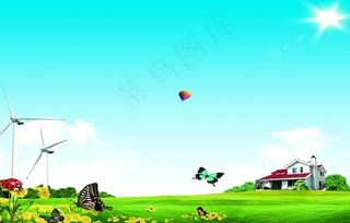 蓝天白云绿色展板背景图片