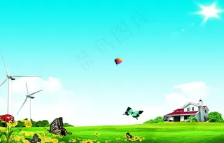 蓝天白云绿色展板背景图片