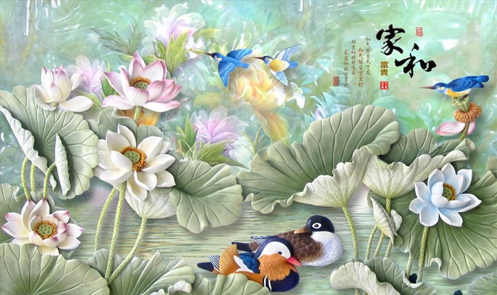 荷花 鸳鸯 家和富贵 背景墙图片(9071X5669(DPI:72))psd模版下载