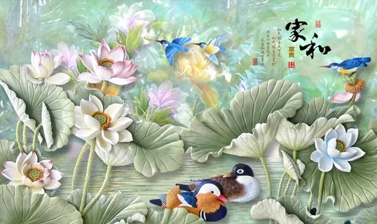 荷花 鸳鸯 家和富贵 背景墙图片