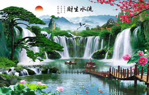 流水生财 迎客松壁画 背景墙图片