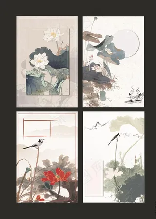 复古中国风水墨荷花背景图图片