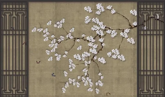 新中式手绘玉兰花蝴蝶背景墙图片