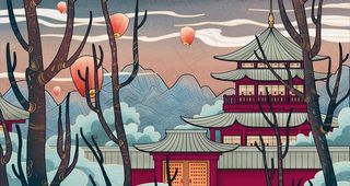 古风建筑手绘插画卡通psd图片