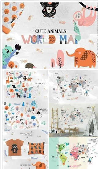 手绘卡通可爱动物世界分布图图片