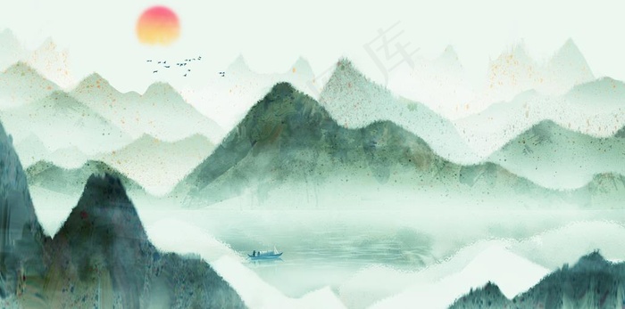 水墨水彩青绿山水画图片(3527X1856(DPI:300))psd模版下载