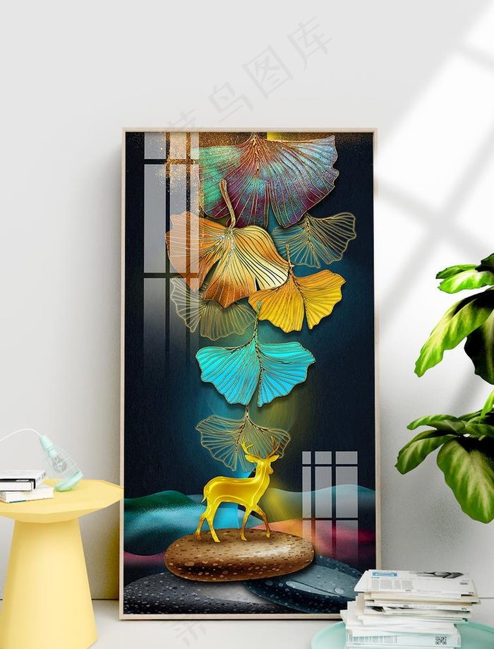 轻奢银杏叶子麋鹿装饰画图片