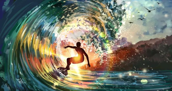 大海冲浪浪花阳光插画背景图片