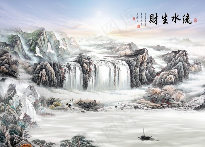 新中式流水生财电视背景墙图片(6299X4724(DPI:50))psd模版下载