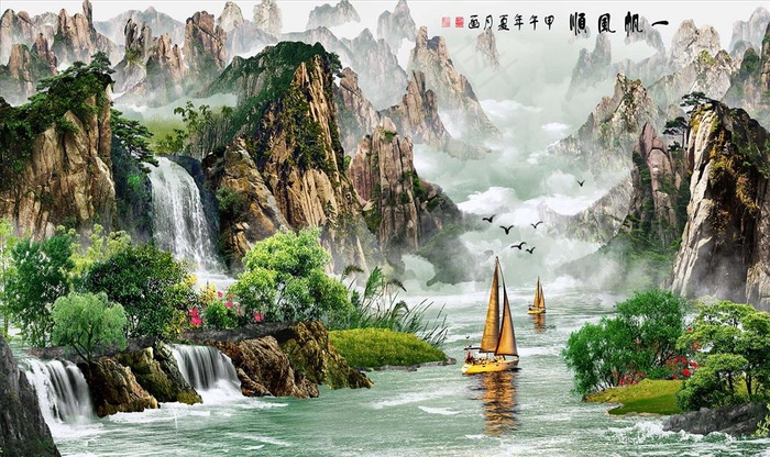 中式油画一帆风顺山水风景背景墙图片