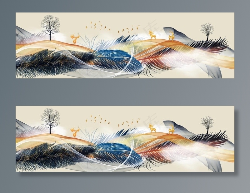 轻奢羽毛麋鹿床头画图片(10630X3543(DPI:150))psd模版下载