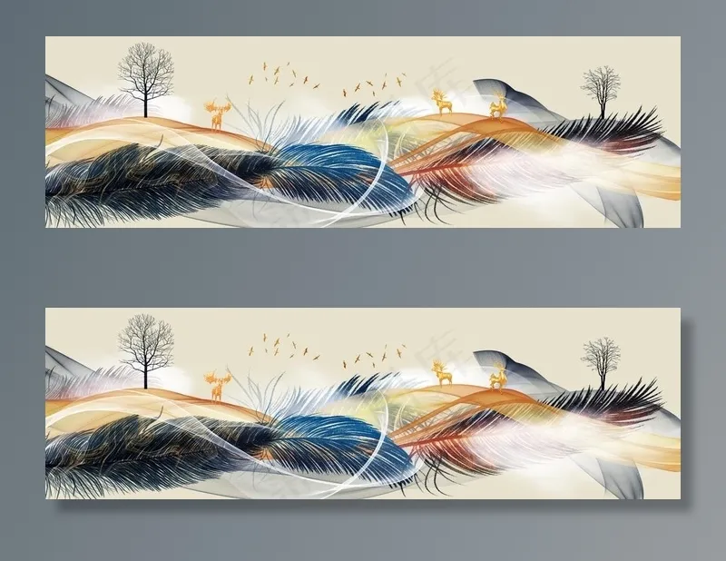 轻奢羽毛麋鹿床头画图片(10630X3543(DPI:150))psd模版下载