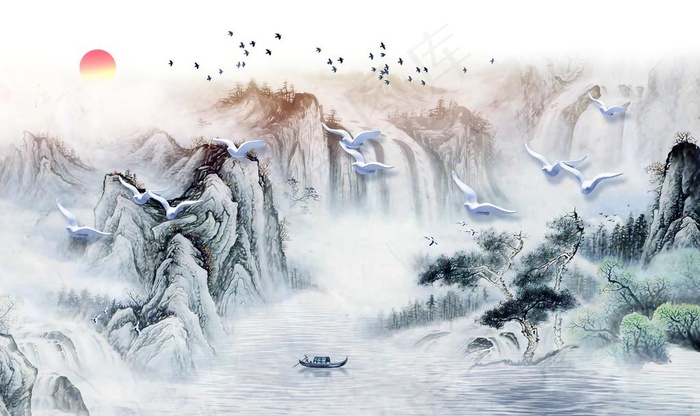唯美山水国画背景图片