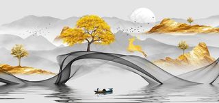 简约金色山水轻奢客厅装饰画图片