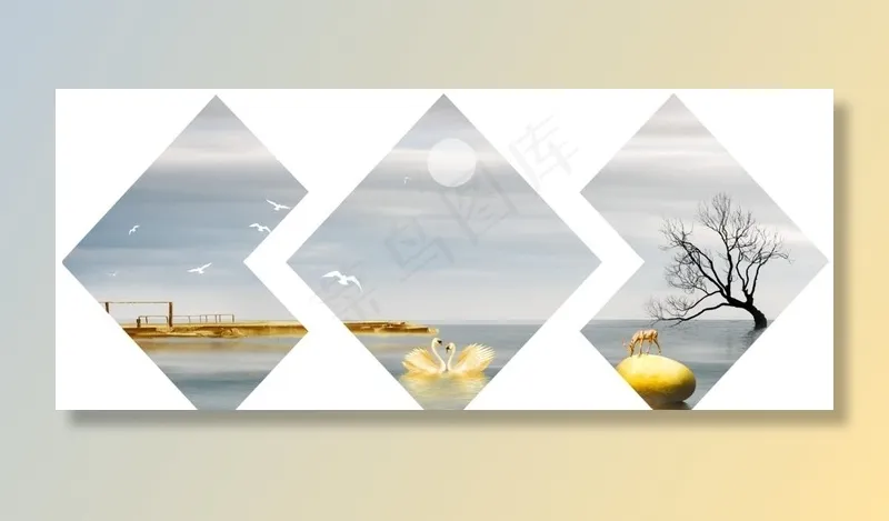 新中式金色大海栈桥天鹅装饰画图片(10630X4724(DPI:150))psd模版下载