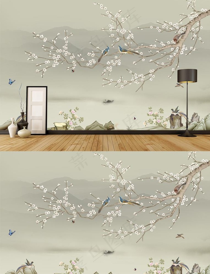 现代手绘新中式工笔花鸟背景墙图片