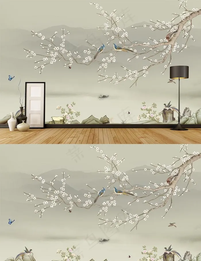 现代手绘新中式工笔花鸟背景墙图片(10079X6299(DPI:80))psd模版下载