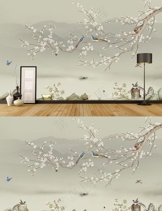 现代手绘新中式工笔花鸟背景墙图片