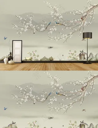 现代手绘新中式工笔花鸟背景墙图片