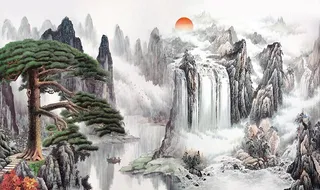 中国风国画山水迎客松电视背景墙图片