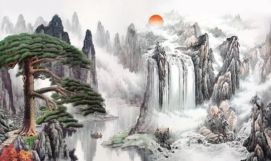 中国风国画山水迎客松电视背景墙图片 中国风国画山水迎客松电视背景墙图片