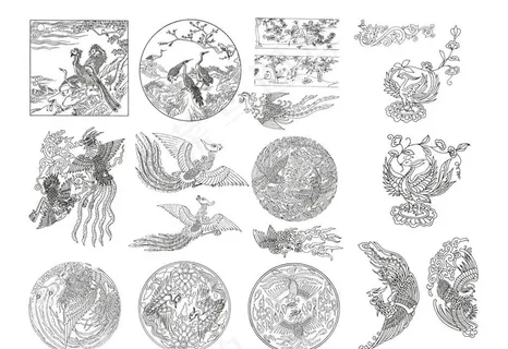 中国古代传统凤凰手绘矢量图案图片