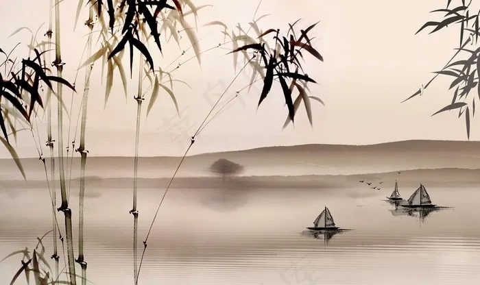 水墨竹子山水画装饰画屏风背景墙图片(9071X5669(DPI:72))psd模版下载