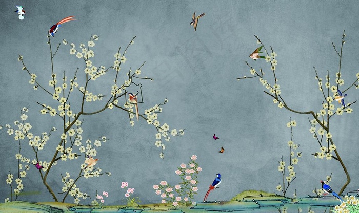 蓝色背景花鸟图壁纸图片(9071X5669(DPI:72))psd模版下载