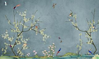 蓝色背景花鸟图壁纸图片