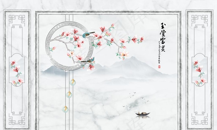 大理石玉堂富贵山水花鸟背景墙图片(12598X7952(DPI:80))psd模版下载