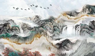 水墨山水大理石玄关屏风电视背景图片