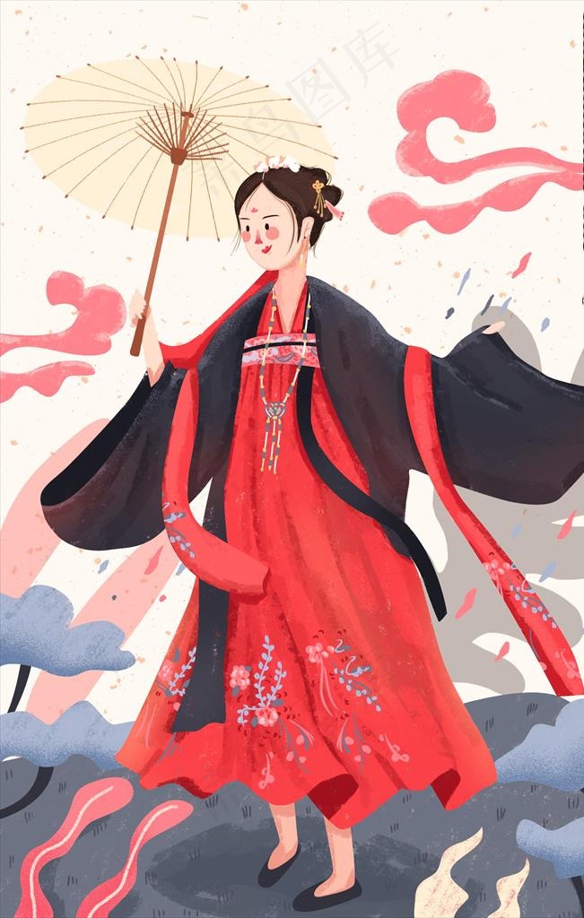 手绘汉服美女插画图片psd模版下载